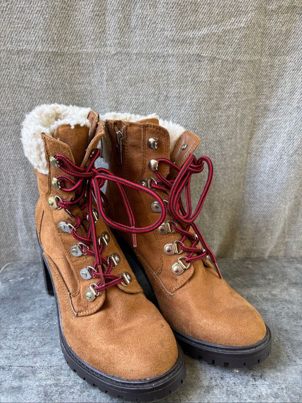 Nine West Hiker Ankle Boots Brown Faux Shearling Lug Heel Womens 6 Alpine